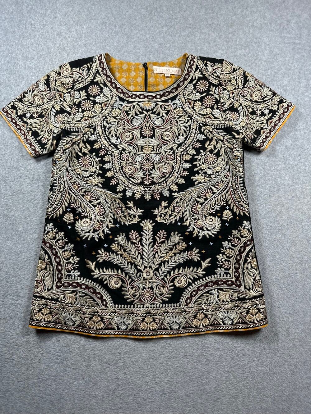 Ritu Kumar Resham Blouse Top Women's Size XS Black Gold Paisley Embroidered
